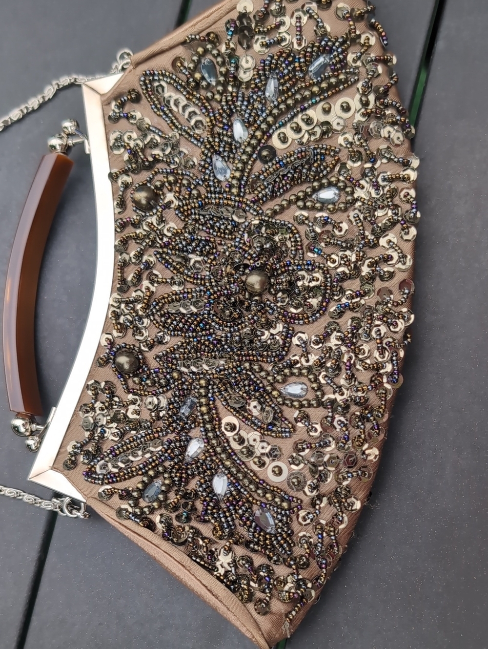 Embellished Taupe Evening Clutch with Detachable Chain - Picture 3 of 14